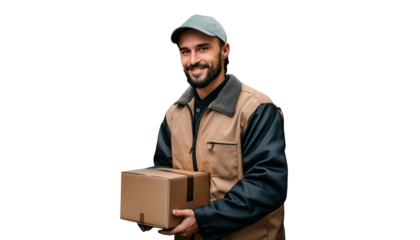 Concepto de servicio. Retrato de repartidor sonriente en uniforme sosteniendo caja de paquete aislado sobre fondo transparente.