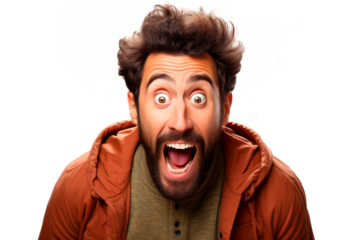 Hombre expresando sorpresa y emoción de shock. Boca abierta y grandes ojos bien abiertos. aislado sobre el fondo transparente.
