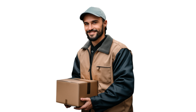 Concepto de servicio. Retrato de repartidor sonriente en uniforme sosteniendo caja de paquete aislado sobre fondo transparente. 