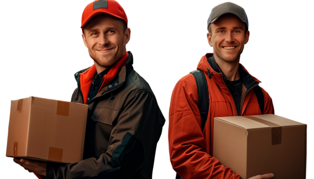 Concepto de servicio. Retrato de repartidor sonriente en uniforme sosteniendo caja de paquete aislado sobre fondo transparente.  - Powered by Adobe