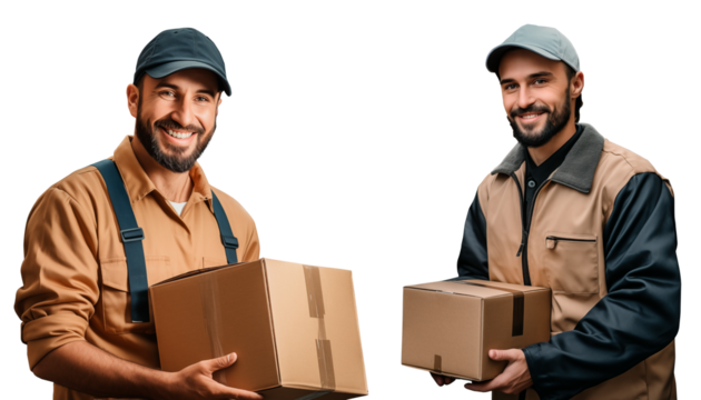 Concepto de servicio. Retrato de repartidor sonriente en uniforme sosteniendo caja de paquete aislado sobre fondo transparente.  - Powered by Adobe