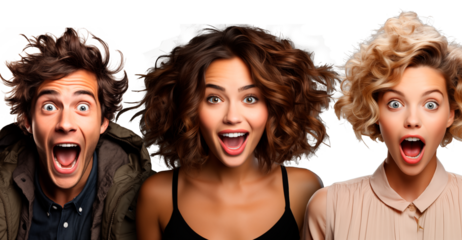 Mujeres y hombre expresando sorpresa y emoción de shock. Boca abierta y grandes ojos bien abiertos. aislado sobre el fondo transparente.