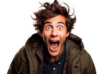 Hombre expresando sorpresa y emoción de shock. Boca abierta y grandes ojos bien abiertos. aislado sobre el fondo transparente.