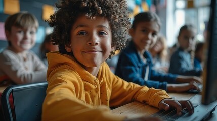 Smiling African American Schoolboy Using Laptop in Classroom with Classmates