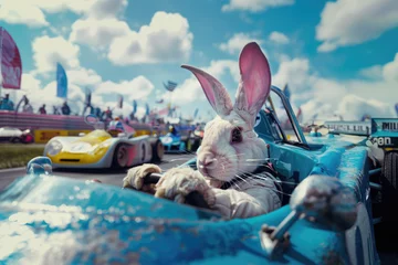 Tuinposter easter bunny in race car © Joachim