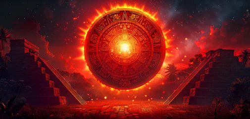 Fotobehang ancient ornament aztech geometric symbol, mayan calendar background © Hamsyfr