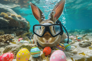 easter bunny scuba diver and coral