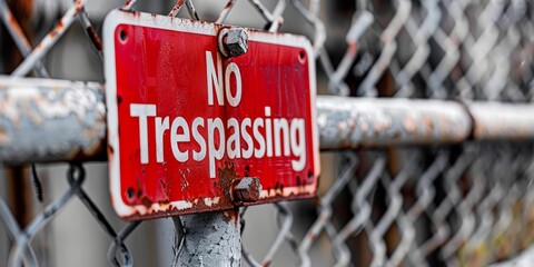Weathered No Trespassing sign hangs on a rusty chain-link fence with a strong message - obrazy, fototapety, plakaty