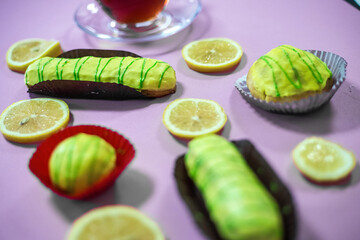 Purple Table With Lemons and Chocolate