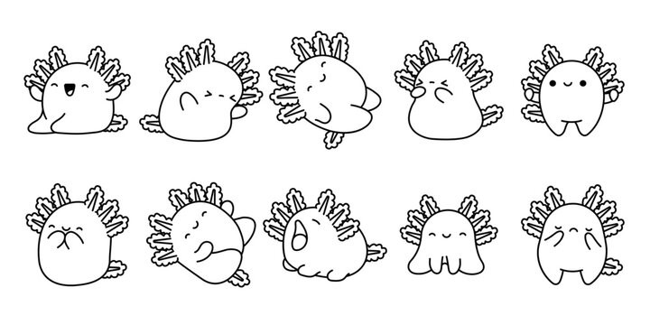Set of Vector Cartoon Axolotl Coloring Page. Collection of Kawaii Isolated Reptile Outline for Stickers, Baby Shower, Coloring Book, Prints for Clothes.
