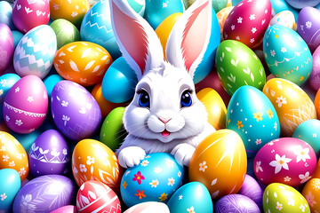 A funny bunny sitting on a beautiful background with colorful eggs around the vector illustration image