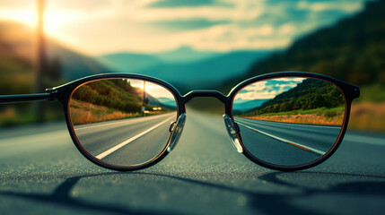 Fototapeta na wymiar Glasses on the road vision problem difference.