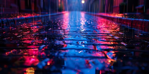 Vibrant blue and magenta lights reflecting on wet streets of the nocturnal city - obrazy, fototapety, plakaty