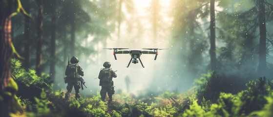 soldiers launching a drone in an outdoor setting, showcasing the precision and expertise involved...