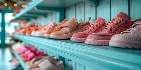 The modern shoe store offers fashionable shoes in a variety of colorful styles. - obrazy, fototapety, plakaty