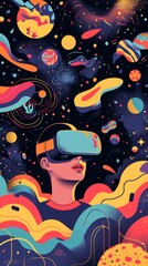 Person with VR Goggles Dives into a Surreal Cosmic Dreamscape.