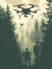 Obraz na płótnie Canvas soldiers launching a drone in an outdoor setting, showcasing the precision and expertise involved in the operation