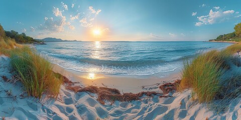 Picturesque seascape at sunset with golden sand, calm water and shining sky. - obrazy, fototapety, plakaty