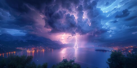 Dramatic summer storm with lightning lighting up the dark sky over the sea. - obrazy, fototapety, plakaty