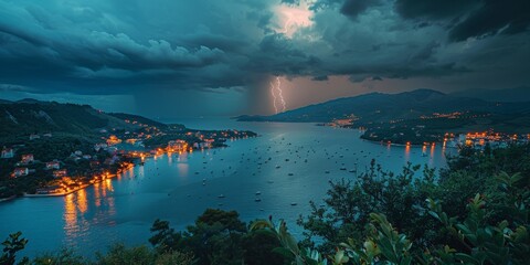 A breathtaking summer coastal landscape under a stormy sky, with city lights reflected in the water.