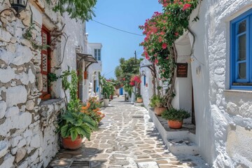 Fototapeta na wymiar Greek island village with white-washed buildings 
