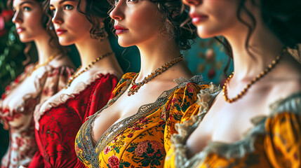 Women with Impressive Cleavage Standing in Baroque Costumes in a Row, Shallow Depth of Field - obrazy, fototapety, plakaty