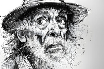 Expressive and Funny Old Man. Ink Drawing