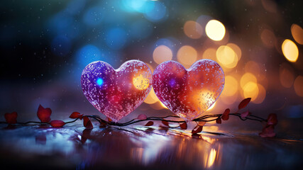 pair of cute hearts on a dark festive background. greeting card template. - 743669002