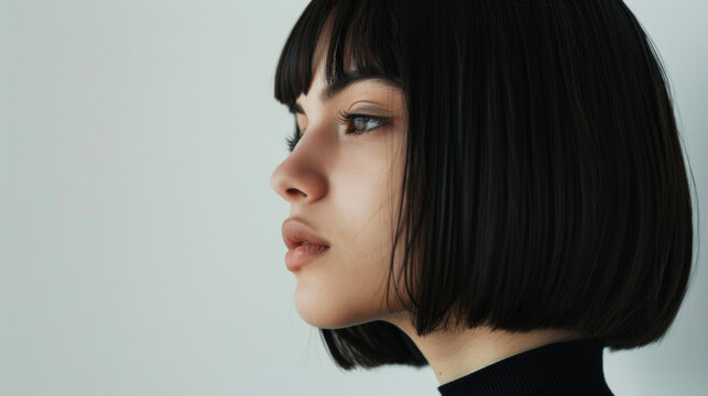 portrait en gros plan d'une jeune femme brune avec une coupe au carr&eacute; court, fond studio neutre 