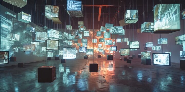Cybernetic Mirage: Computers Amidst a Surreal Dreamscape of Floating Photographs