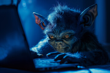 internet troll online trolling using laptop computer in the dark - obrazy, fototapety, plakaty