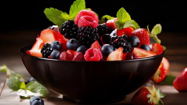 Fresh bowl of mixed berries with mint leaves