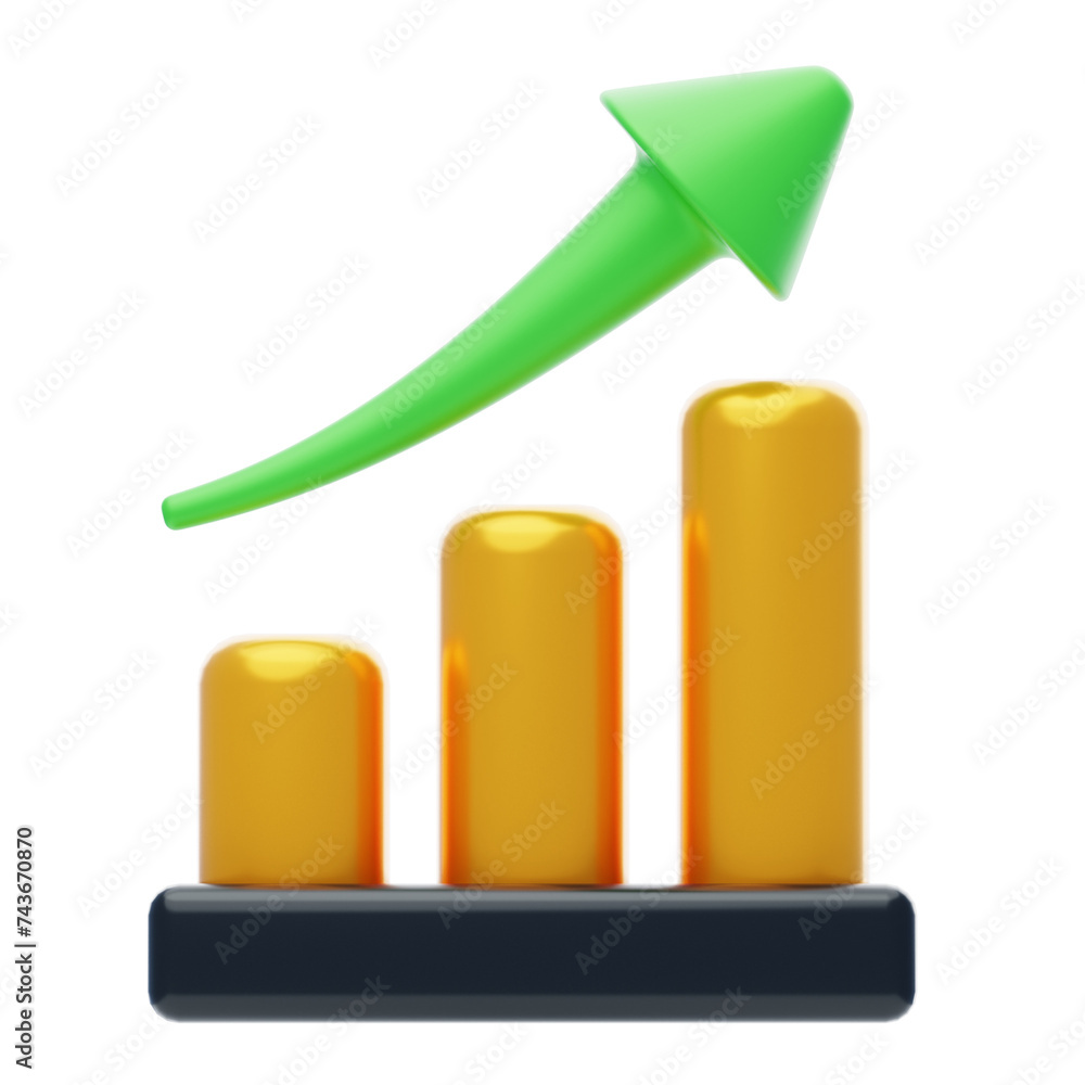 Poster 3d stock market model bar chart with green arrow on top. 3d illustration, 3d element, 3d rendering. 