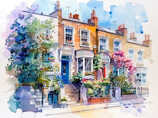 London streets with windows and houses and flowers in watercolor style