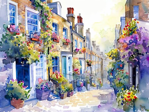 London streets with windows and houses and flowers in watercolor style © Brian Carter