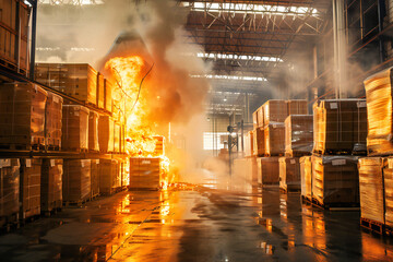 Fire in a storage warehouse. Spreading fire in a warehouse full of boxes