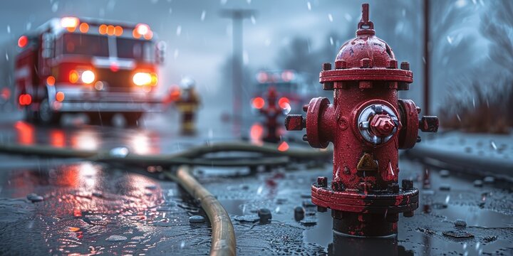 Emergency response scene with a red fire hydrant and firefighting truck in action
