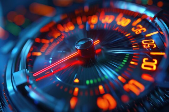 Close-up of a Speedometer Dial with Glowing Numbers and Red Needle - Powered by Adobe