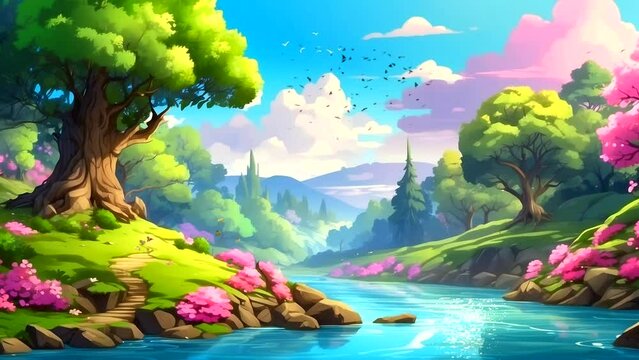 Spring fantasy: Stunning Flowering Forest with Clear River. Seamless looping 4k time-lapse virtual video animation background