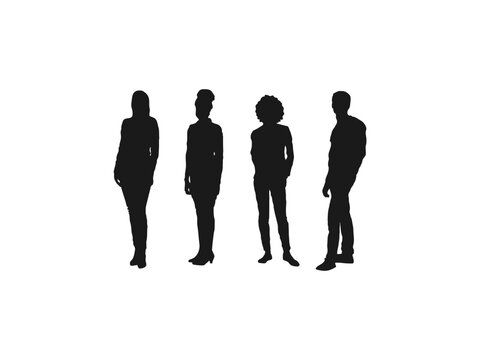 College students standing silhouettes. Set of silhouettes. Flat vector illustration. silhouettes of beautiful mans and womans. Collage of silhouette people standing in line against white background.