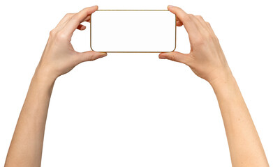 Isolated female's hands holds mobile phone with empty screen and yellow frame.