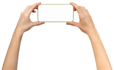 Isolated female's hands holds mobile phone with empty screen and yellow frame.