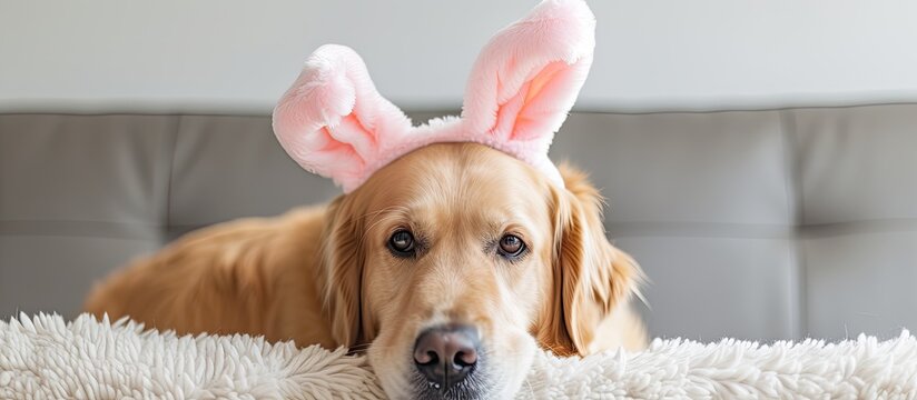 An embarrassed Golden Retriever dog lays on a blanket while hiding under bunny ears.