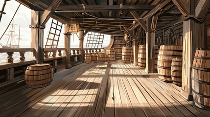 On the deck of the ship there are barrels, crates. The floor of the ship is made of smooth wooden planks. ship, deck, noir style