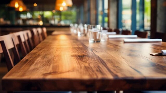 Wooden table set with glasses and napkins, suitable for dining or events
