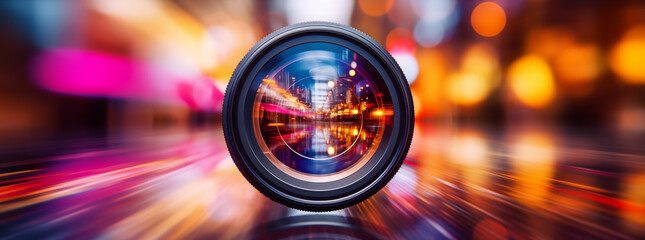 a camera lens on a colorful bokeh background