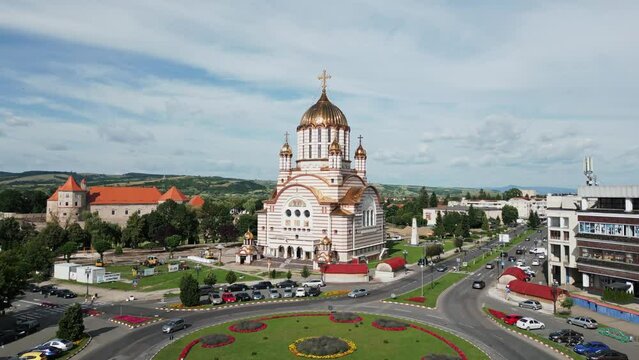 Fagaras, Romania, city center with church and citadel