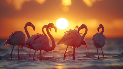 A group of flamingos, with a serene saltwater lagoon as the background, during a golden sunset
