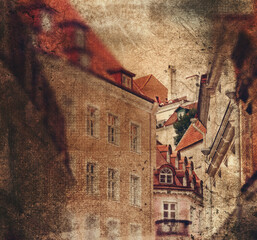 Facades of medieval stone houses. Tinted retro effect