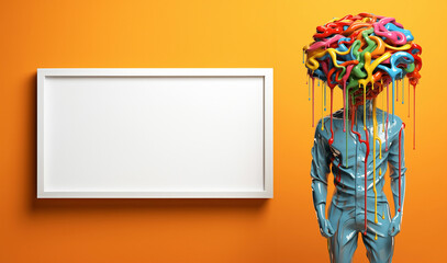 The blank canvas mockup of a creative mind. Conceptual and expressive portrait with dripping paint and ink flow. Visual metaphor of brain expression and communication painting thoughts and emotions.